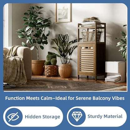 HITNET Bamboo Tilt Out Laundry Hamper, Bathroom Storage Cabinet with Hidden Removable Basket and 2 Open Shelves, Space Saving Bamboo Storage for Clothes, Towels and Toys, Walnut