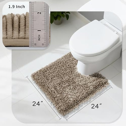 Yimobra Toilet Rugs U Shaped Washable, Extra Thick Soft Absorbent Chenille Contour Bathroom Rugs for Toilet 24x24 Inch, Quick Dry Non Slip Toilet Mat for Bath Floor, Camel