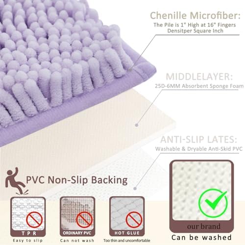Bathroom Rugs Sets 3 Piece Non Slip,Bath Rugs with PVC Backing Bath Carpet,Bathroom Rug Washable,Absorbent,Plush Carpet Mats,Bath Mats for Bedroom, Kitchen,Tub,Home Decor (Lavender)
