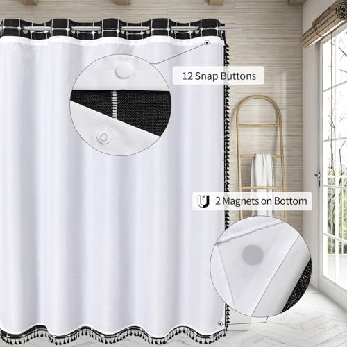 MitoVilla No Hooks Needed Boho Farmhouse Shower Curtain with Snap-in Liner, Cotton Linen Fabric Shower Curtains with Tassels for Rustic Neutral Bathroom Decor, Black and White, 72 x 74