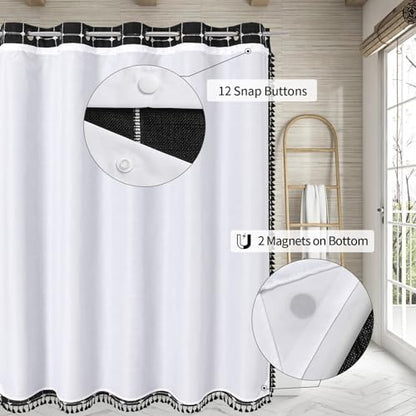 MitoVilla No Hooks Needed Boho Farmhouse Shower Curtain with Snap-in Liner, Cotton Linen Fabric Shower Curtains with Tassels for Rustic Neutral Bathroom Decor, Black and White, 72 x 74