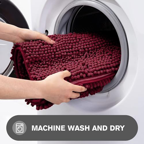 Vivid Burgundy Bathroom Rugs – Absorbent and Washable Bath Mat, Non-Slip, Thick Soft Chenille Bath Rugs for Bathroom Floor, Shower, Sink - 24" x 36"
