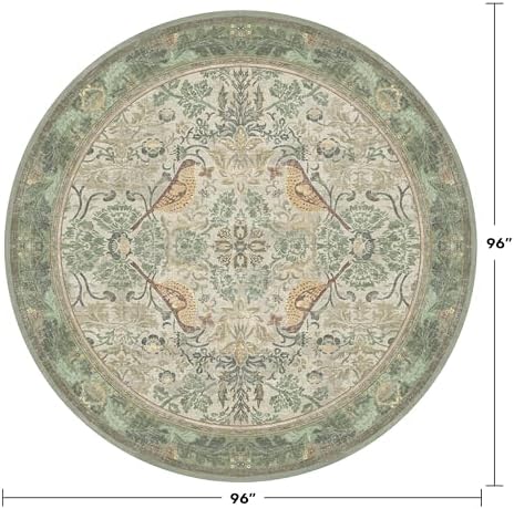 Hazo Haus Vintage Bird Patterned 8ft Area Round Rug for Living Room - Large Sage Green Washable Circular Rug for Kids Bedroom, Dining Room, with Botanical Floral, Low Pile Non Slip Stain Resistant