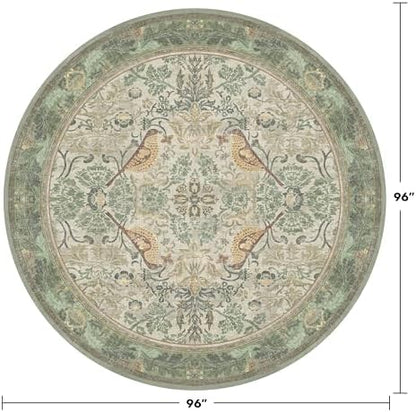 Hazo Haus Vintage Bird Patterned 8ft Area Round Rug for Living Room - Large Sage Green Washable Circular Rug for Kids Bedroom, Dining Room, with Botanical Floral, Low Pile Non Slip Stain Resistant