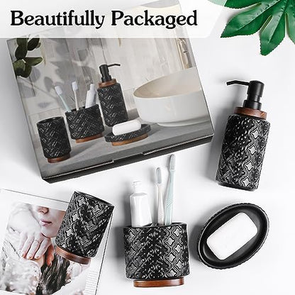 RQYIXI Ceramic Bathroom Accessories Set,Black,4 Piece,Embossed Design