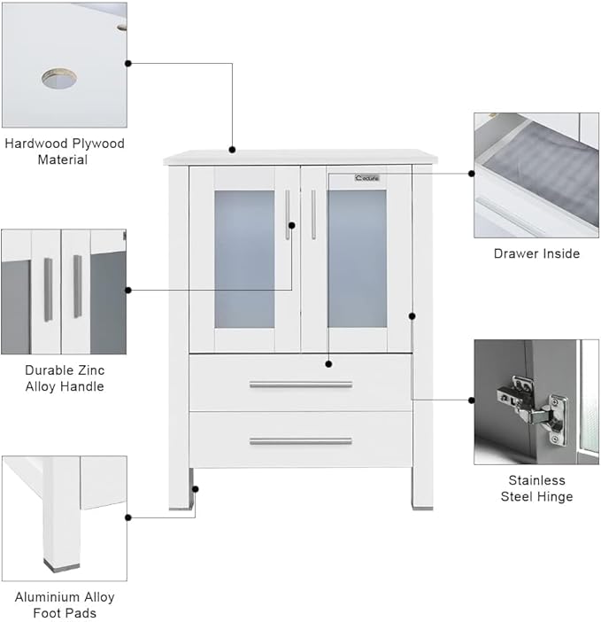 eclife 84" Modern Bathroom Vanity Sink Combo Freestanding Cabinet with Small Side Cabinet, White Black Ceramic Vessel Sink, Water Save Faucet, Drain (White+T03BK)