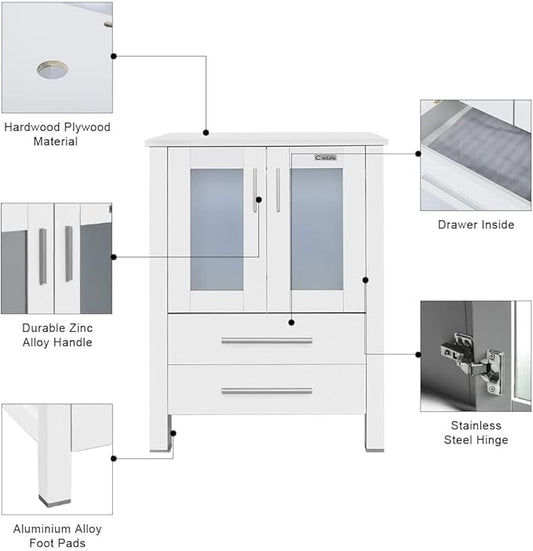 eclife 84" Modern Bathroom Vanity Sink Combo Freestanding Cabinet with Small Side Cabinet, White Black Ceramic Vessel Sink, Water Save Faucet, Drain (White+T03BK)