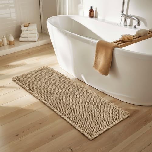 SUBRTEX Waffle Braided Bath Mat, 24" x 60" Soft Waffle Bath Rugs, Absorbent Non Slip Bathrooom Mats, Machine Washable Area Rug for Bathroom, Quick Dry, Khaki