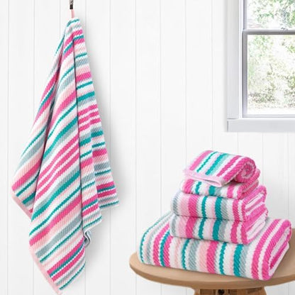 VOOVA & MOVAS Striped Towels 6 Pack, 100% Cotton, Pink Aqua