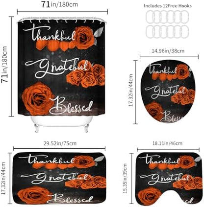 Onalasyc 4Pcs Orange Rose Floral Shower Curtain with Rugs Set