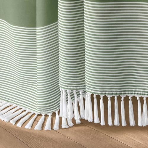 Sage Green Boho Cotton Striped Shower Curtain with Tassel 72"W X 78"L
