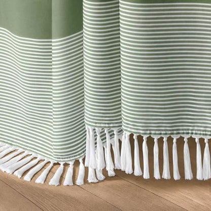Sage Green Boho Cotton Striped Shower Curtain with Tassel 72"W X 78"L