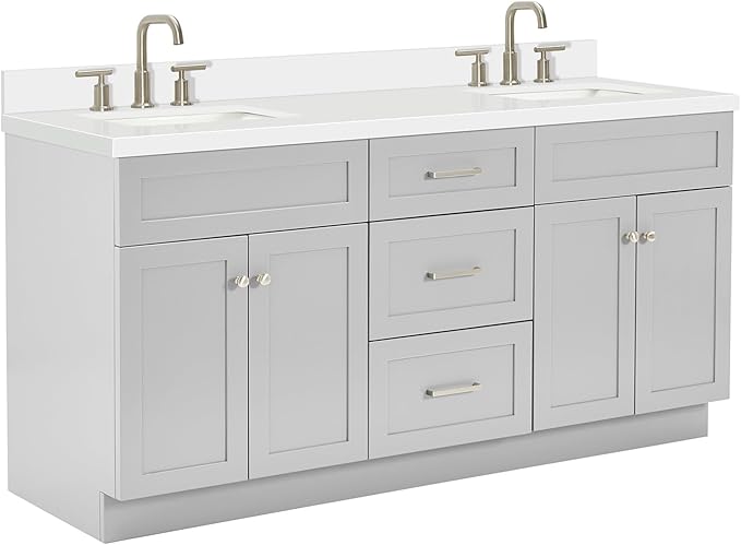 ARIEL Hamlet 72-inch Bathroom Vanity with Sink,Solid Wood, 1.5-inch Pure White Quartz Countertop & Backsplash, Double Rectangular Porcelain Sink, 4 Soft Closing Doors, 3 Dovetail Drawers, Grey
