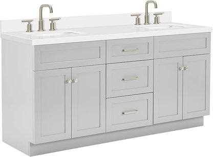 ARIEL Hamlet 72-inch Bathroom Vanity with Sink,Solid Wood, 1.5-inch Pure White Quartz Countertop & Backsplash, Double Rectangular Porcelain Sink, 4 Soft Closing Doors, 3 Dovetail Drawers, Grey