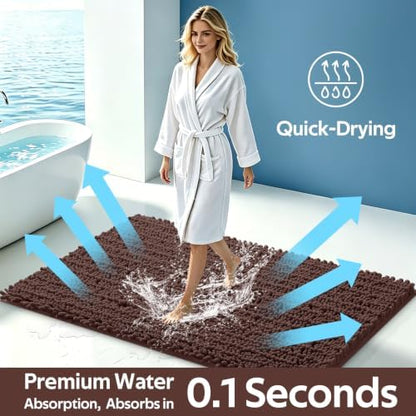 ACCUMTEK Upgrade Extra Large Brown Bathroom Rug Set 3 Pieces Ultra Soft, Thick Absorbent Bath Mats, Non Slip Chenille Toilet Mat for Bathroom, Bedroom, Kitchen, Dark Coffee