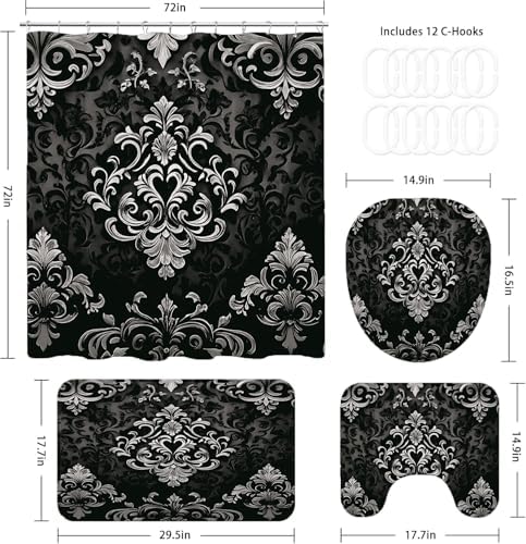 NBVKO 4Pcs Luxury Damascus White Flower Pattern Shower Curtain Set with 12 Hooks Non-Slip Rugs,Toilet Lid Cover and Bath Mat,Dark Gold Bathroom Decor for Hotel & Home Bathroom