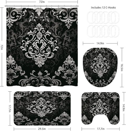 NBVKO 4Pcs Luxury Damascus White Flower Pattern Shower Curtain Set with 12 Hooks Non-Slip Rugs,Toilet Lid Cover and Bath Mat,Dark Gold Bathroom Decor for Hotel & Home Bathroom