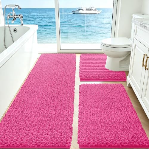 ACCUMTEK Upgrade Extra Large Shiny Pink Bathroom Rug Set 3 Pieces Ultra Soft, Thick Absorbent Bath Mats, Non Slip Chenille Toilet Mat for Bathroom, Bedroom, Kitchen