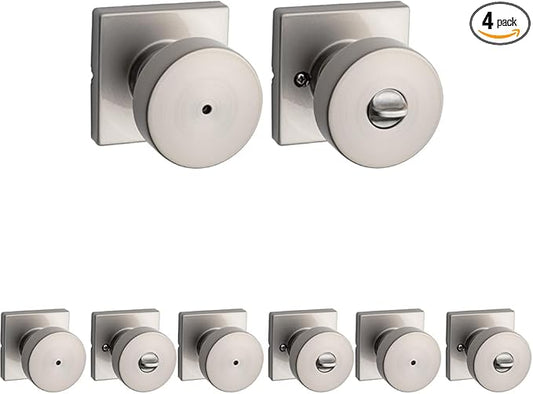Kwikset Pismo Interior Privacy Door Knob with Lock,Door Handle for Bathroom and Bedroom,Satin Nickel Keyless Turn Lock Doorknob,with Microban Protection,(Pack of 4)