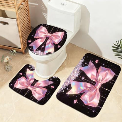 AZHM 4pcs Diamond Bow Bathroom Shower Curtain Set with Rugs and Accessories