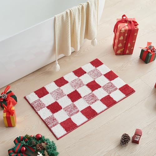 CozeCube Christmas Red Checkered Bath Mat 32"x20" Non Slip Washable Rug