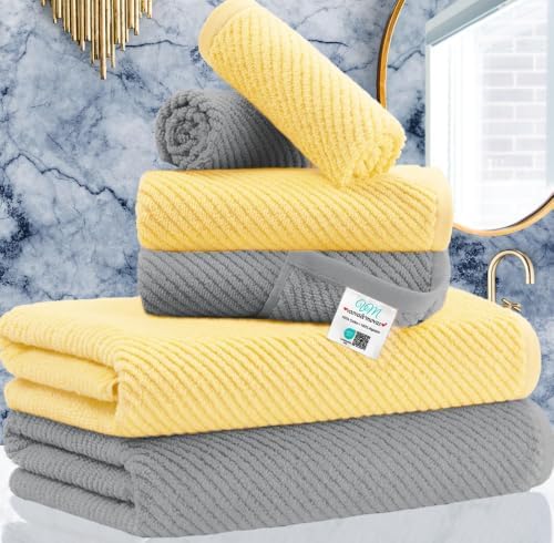 VOOVA & MOVAS 6PC Towel Set, 100% Cotton, Grey Yellow