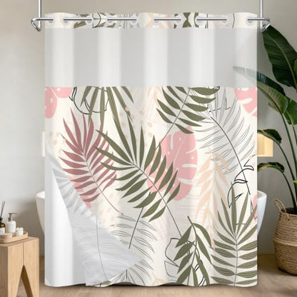 No Hook Tropical Leaf Shower Curtain and Liner Set, 71 x 74 Inch