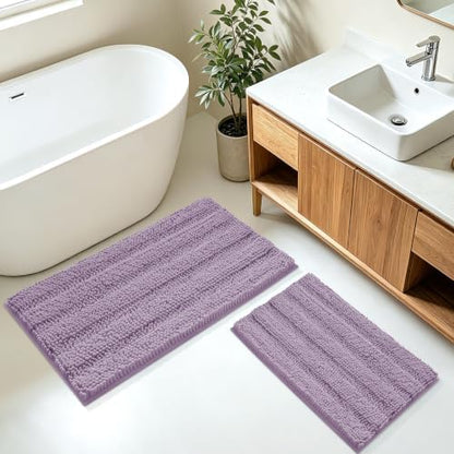 ACCUMTEK Striped Lavender Bathroom Rug Mat Set 2 piece 32"x20"+24"x17" Ultra Soft, Non Slip Chenille Bath Rugs, Absorbent Plush Shaggy Bath Mats for Bathroom, Bedroom, Kitchen, Shower, Tub