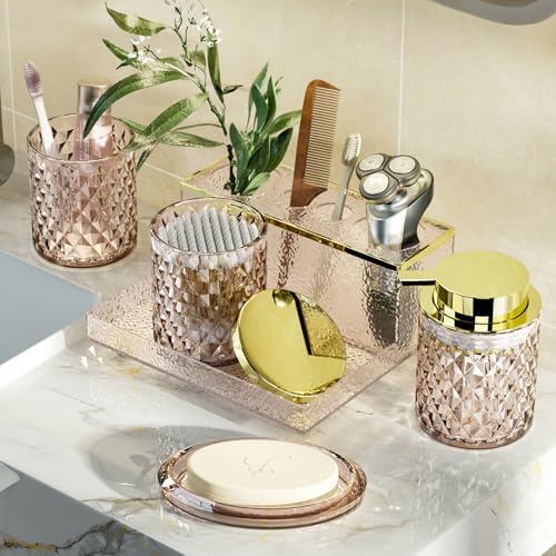 Glass Bathroom Accessories Set 5Pcs Crystal Brown - Foaming Soap Dispenser, Soap Dish, Cup, Acrylic Toothbrush Holder with Tray Organizer, Cotton Swab Jar, Bathroom Counter Set Sink Decor