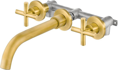 Airuida Solid Brass Antique Brass Wall Mount Bathroom Faucet | 360° Swivel Spout,Rough in Valve,2 Cross Handle,3 Hole,Widespread