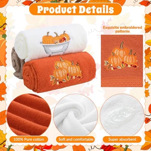 FuWeave 3 Pcs Brown Orange Fall Pumpkin Hand Towels for Bathroom