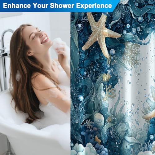 Deep Blue Bathroom Shower Curtain with 12 Hooks, Underwater Starfish Ocean Shower Curtain with Metal Grommets & Weighted Hem, Machine Washable Waterproof Shower Curtains for Bathroom, 72x72 Inches