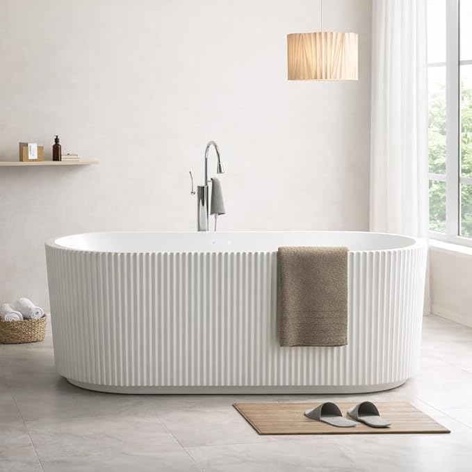 59 Inch Acrylic Freestanding Bathtub, Deep Soaking Tub with Non-Slip Base, cUPC Certified Free Standing Tub, Chrome Drain Bath Tub, Modern Tub for Bathrooms, White
