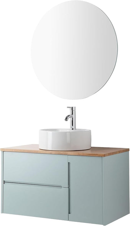 36 inch Bathroom Vanity with Sink and Solid Wood Countertop, Wall Mounted Bathroom Vanity Cabinet with 2 Drawers & 1 Door, Modern Floating Bathoom Vanity Set Include Round Ceramic Basin Sink & Mirror