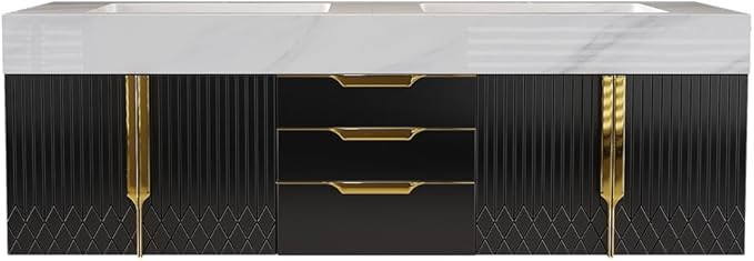 KunMai 59" Black Floating Bathroom Vanity with Faux Marble Top, Double Ceramic Vessel Sinks, Wall-Mounted Design, 3 Drawers for Storage, Modern Bathroom Cabinet with Gold Hardware Finish