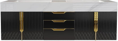KunMai 59" Black Floating Bathroom Vanity with Faux Marble Top, Double Ceramic Vessel Sinks, Wall-Mounted Design, 3 Drawers for Storage, Modern Bathroom Cabinet with Gold Hardware Finish
