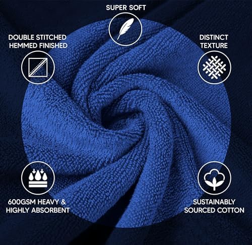 Luxury Towels for Bathroom Set of 8-2 Bath Towels 2 Hand Towels 4 Washcloths - 600 GSM 100% Cotton Ring Spun Viscose Border Towels Set - Royal Blue