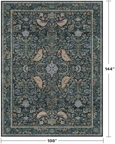 Soft Washable 9x12 Area Rug for Living Room, Bedroom Stain Resistant - Dark Blue Dining Rugs for Under Table, Non-Slip 9 by 12 Low Pile Boho Room Décor for Bedroom, Vintage Bird Floral Design Carpet