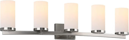 Design House Desta Vanity Light, 5-Light, Curved Bar Design, Frosted Glass Glow, Dimmable, Up/Down Mountable, E26 Socket, Satin Nickel, 38.6 in L x 6.9 in W x 9.5 in H, 589176-SN