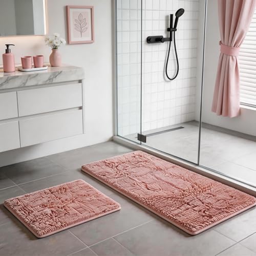 Pink Bathroom Rugs Chenille Bath Mat Set 2-Piece Bath Rugs for Bathroom Extra Soft Bath Mats for Bathoom Non Slip Absorbent Shag Bathoom Carpet