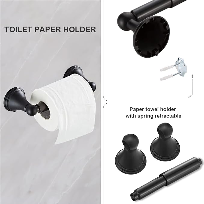 Newfun 8Pcs Matte Black Bathroom Accessories Set Towel Racks for Bathroom | Bathroom Hardware Set, 2 * 24 Inch Towel Bar for Bathroom 2*Toilet Paper Holder 2* Towel Ring Towel Holders 2* Hook