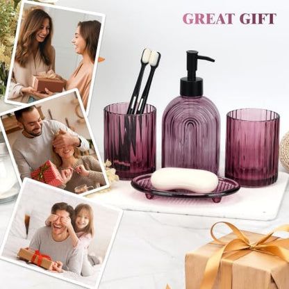 Bathroom Accessories Set, 4Pcs Glass Bathroom Accessories Set Complete, 11.6OZ Lotion Soap Dispenser, Toothbrush Holder, Mouthwash Cup, Soap Dish for Bathroom Decor, Countertop Organizer (Purple)
