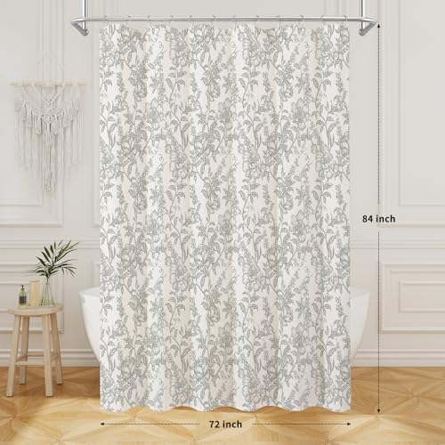 Grey Boho Linen Fabric Shower Curtain , Farmhouse Floral For Bathroom