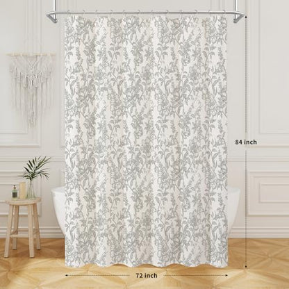 Grey Boho Linen Fabric Shower Curtain , Farmhouse Floral For Bathroom
