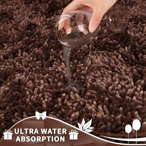 Yimobra Toilet Rugs U Shaped Washable, Extra Thick Soft Absorbent Chenille Contour Bathroom Rugs for Toilet 24x24 Inch, Quick Dry Non Slip Toilet Mat for Bath Floor, Brown