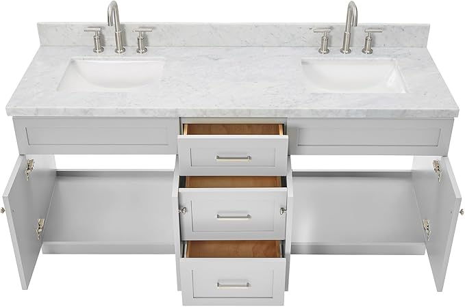 DKB Bradford 72 Inch Bathroom Vanity Double Sink — Grey Bathroom Vanity with Sink, 1.5" Edge Italian Carrara Marble Countertop & Backsplash, 4 Soft-Close Doors, and 3 Dovetail Drawers