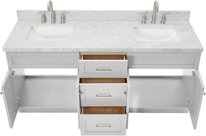 ARIEL Hamlet 72-inch Bathroom Vanity with Sink,Solid Wood, 1.5-inch Italian Carrara Marble Countertop & Backsplash, Double Rectangular Porcelain Sink, 4 Soft Closing Doors, 3 Dovetail Drawers, Grey