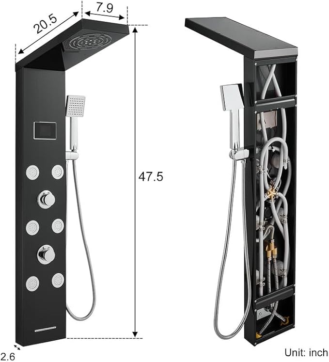 LED Rainfall Shower Tower System, Stainless Steel Hydroelectric Shower Panel Tower System (No battery need) with 6 Pcs Body Jets, Black