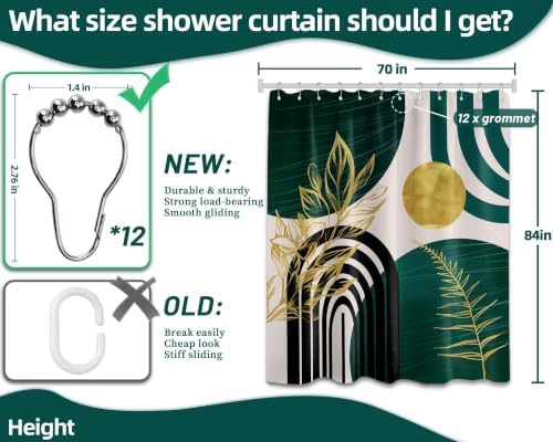 Emerald Green and Gold Extra Long Shower Curtain, Tall 72X84 in