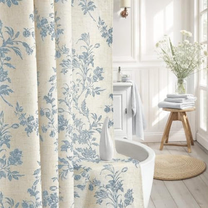 Blue Floral Shower Curtain,Vintage Linen Beige Cottagecore Shower Curtains for Bathroom, 72" W x 72" L